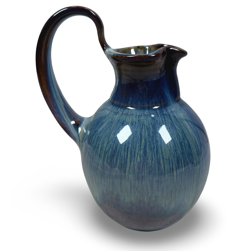 Bill Campbell Pottery Blue Brown Drip Glaze Stoneware Pitcher Arched Handle